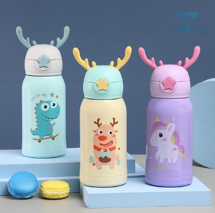 Cartoon Thermos Water Bottle for Kids – 350ml Insulated Stainless Steel Flask with Cute Animal Design & Straw Lid