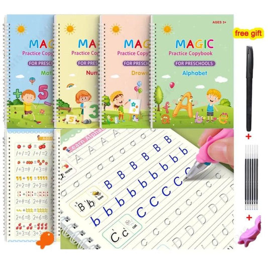 Magic Practice Copybook for Kids – 4-in-1 Reusable Handwriting Book Set with Magic Pen (Alphabet, Numbers, Math & Drawing)